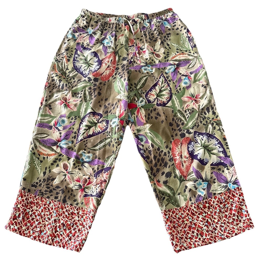 Bamboo Traders Womens Petite Large Silk Floral Leopard Crop Pants Sequin Boho